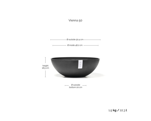 Mísa na rostliny ECOPOTS Vienna 50 s rozměry: výška 18,5 centimetru, vnější průměr 50,4 centimetru a objem 22,3 litru.