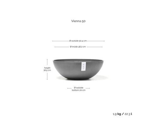 Šedá mísa na rostliny Ecopots Vienna 50: průměr 50,4 centimetrů, výška 18,5 centimetrů, objem 22,3 litrů, hmotnost 1,9 kilogramů.