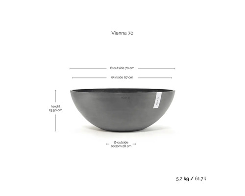 Mísa na rostliny Ecopots Vienna 70 s rozměry: výška 25,50 centimetrů, vnější průměr 70 centimetrů a objem 61,7 litrů.