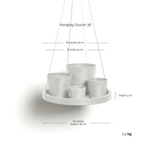 Závěsná podmiska pod květináče, vnější průměr 36 centimetrů, vnitřní průměr 33 centimetrů, výška 3 centimetry.