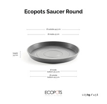 Ecopots Saucer Round podmiska: vnější průměr 44,5 centimetru, vnitřní 43 centimetrů, výška 3,5 centimetru, Ecopots Logo.