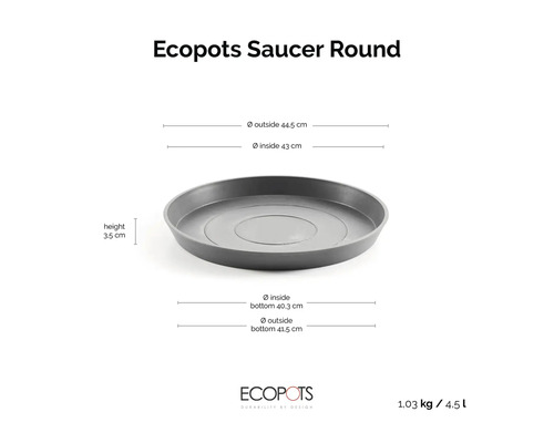 Ecopots Saucer Round podmiska: vnější průměr 44,5 centimetru, vnitřní 43 centimetrů, výška 3,5 centimetru, Ecopots Logo.
