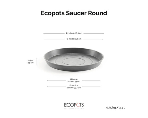 Kulatá podmiska Ecopots s rozměry: vnější průměr 36,5 centimetrů, vnitřní průměr 35,3 centimetrů, výška 3,5 centimetrů.