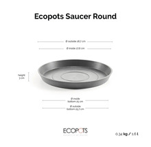 Ecopots Saucer Round podmiska kulatá, výška 3 centimetry, vnější průměr 28,7 centimetru, vnitřní průměr 27,8 centimetru.