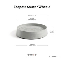 Ecopots Saucer Wheels na kolečkách: horní vnitřní průměr 45,4 centimetrů, spodní vnější průměr 50 centimetrů, výška 10,5 centimetrů.