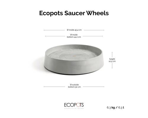Ecopots Saucer Wheels na kolečkách: horní vnitřní průměr 45,4 centimetrů, spodní vnější průměr 50 centimetrů, výška 10,5 centimetrů.
