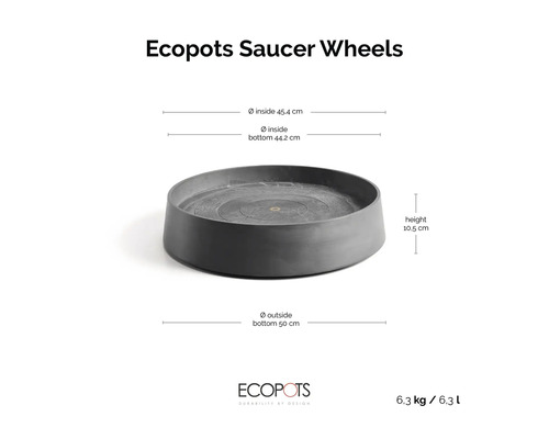 Podmiska na kolečkách Ecopots Saucer Wheels, vnitřní průměr 45,4 centimetrů, výška 10,5 centimetrů, spodní vnější průměr 50 centimetrů.