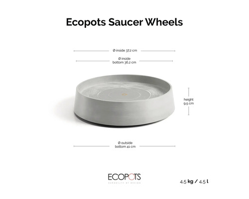 Podmiska Ecopots Saucer Wheels: vnitřní průměr 37,2 centimetrů, výška 9,5 centimetrů, vnější průměr dole 41 centimetrů. Ecopots Logo.
