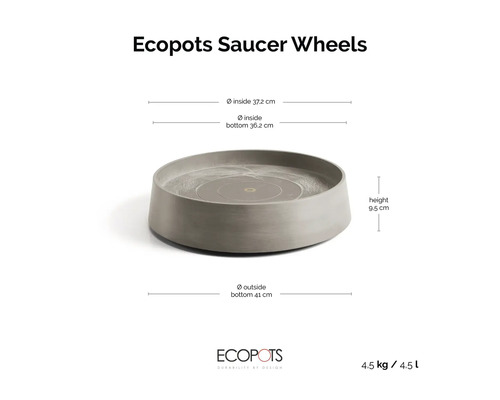 Podmiska Ecopots Saucer Wheels s rozměry: nahoře 37,2 centimetrů, dole 36,2 centimetrů, vnější 41 centimetrů, výška 9,5 centimetrů. Ecopots Logo.