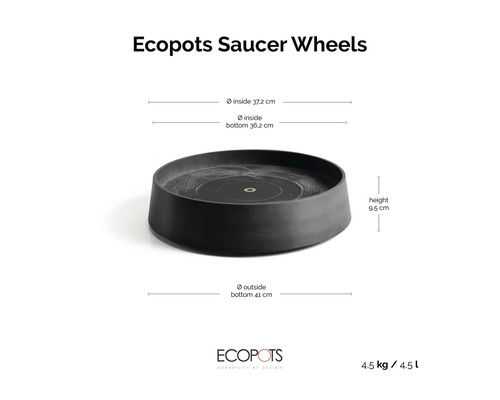 Podmiska na kolečkách Ecopots pro květináče s rozměry: vnitřní průměr 37,2 centimetrů, výška 9,5 centimetrů, hmotnost 4,5 kilogramů.