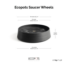 Černá podmiska Ecopots Saucer Wheels: vnitřní 28,9 centimetru, vnější dno 32,2 centimetru, výška 8,5 centimetru, 2,6 kilogramu, 1,9 litru.