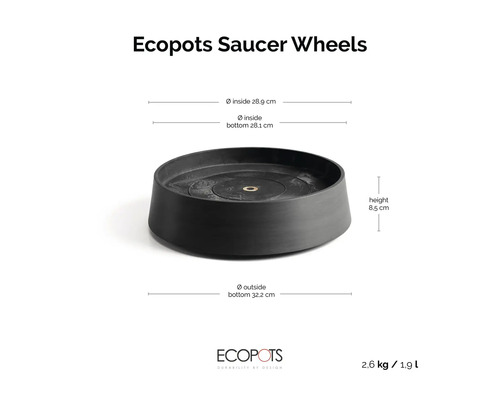 Černá podmiska Ecopots Saucer Wheels: vnitřní 28,9 centimetru, vnější dno 32,2 centimetru, výška 8,5 centimetru, 2,6 kilogramu, 1,9 litru.