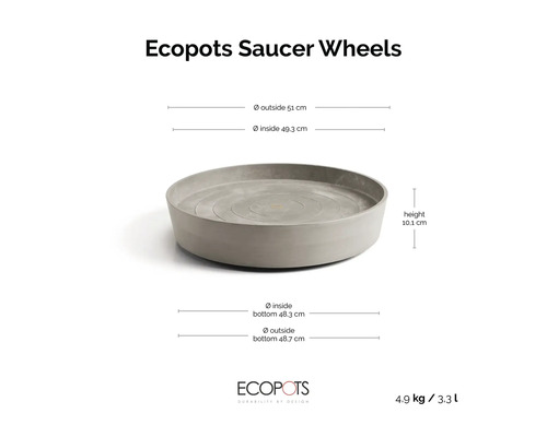 Ecopots Saucer Wheels podmiska na kolečkách v šedé barvě s rozměry: průměr 51 centimetrů, výška 10,1 centimetru, Ecopots Logo.