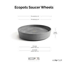 Podmiska Ecopots Saucer Wheels s rozměry: vnější průměr 51 centimetrů, vnitřní průměr 49,3 centimetrů, výška 10,1 centimetrů.