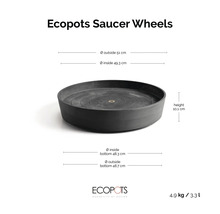 Černá podmiska na kolečkách Ecopots s rozměry: vnější průměr 51 centimetrů, vnitřní průměr 49,3 centimetru, výška 10,1 centimetru.