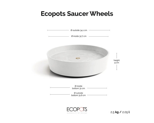 Podmiska Ecopots Saucer Wheels: vnější průměr 34,1 centimetru, výška 9 centimetrů, objem 2,05 litru, hmotnost 2,5 kilogramu.