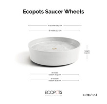 Podmiska Ecopots na kolečkách s rozměry: vnější průměr 28,7 centimetru, vnitřní průměr 27,7 centimetru, výška 8,3 centimetru.