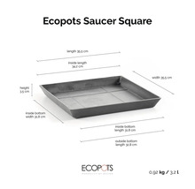 Čtvercová podmiska Ecopots Saucer s rozměry: délka a šířka 35,5 centimetrů, výška 3,5 centimetrů, hmotnost 0,92 kilogramu, objem 3,2 litru.