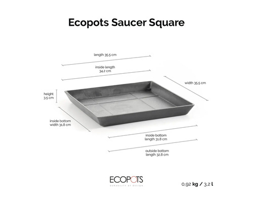 Čtvercová podmiska Ecopots Saucer s rozměry: délka a šířka 35,5 centimetrů, výška 3,5 centimetrů, hmotnost 0,92 kilogramu, objem 3,2 litru.