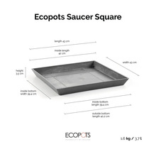 Podmiska Ecopots Saucer Square: 43 na 43 centimetrů, výška 3,5 centimetru, hmotnost 1,6 kilogramu, objem 3,7 litru. Ecopots Logo.
