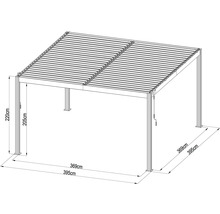 Obrázek pergoly o rozměrech 220 cm výška, 395 cm šířka a 369 cm délka.