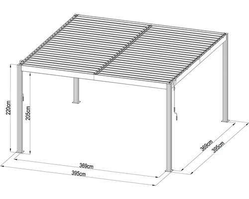 Obrázek pergoly o rozměrech 220 cm výška, 395 cm šířka a 369 cm délka.