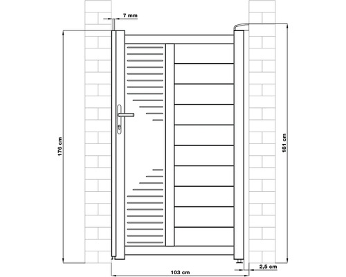 Technický nákres zahradní branky s rozměry