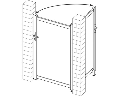 Nákres zahradní branky s cihlovými sloupky, která se otevírá.