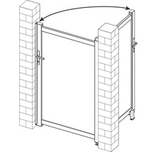 Ilustrace zahradní branky s cihlovými sloupky a otočným pohybem