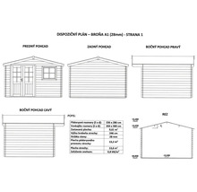 Půdorys zahradního domku s rozměry a různými pohledy