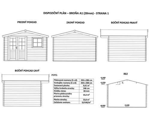 Půdorys zahradního domku s rozměry a různými pohledy