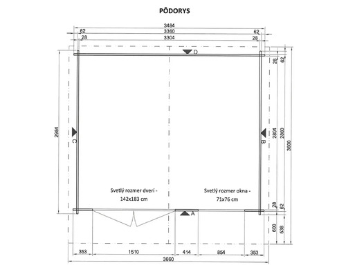 Půdorysný nákres s rozměry budovy
