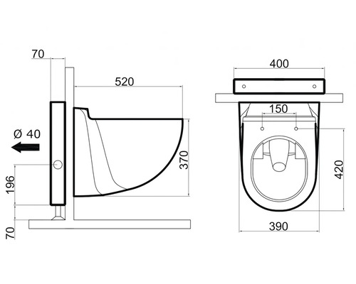 Technický nákres toalety s rozměry.