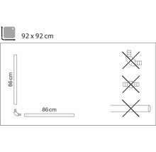 Technický nákres sprchového koutu o rozměrech 92 x 92 cm a výšce 86 cm, montážní pokyny.
