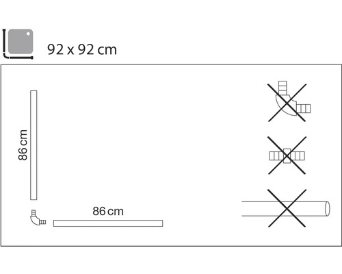 Technický nákres sprchového koutu o rozměrech 92 x 92 cm a výšce 86 cm, montážní pokyny.