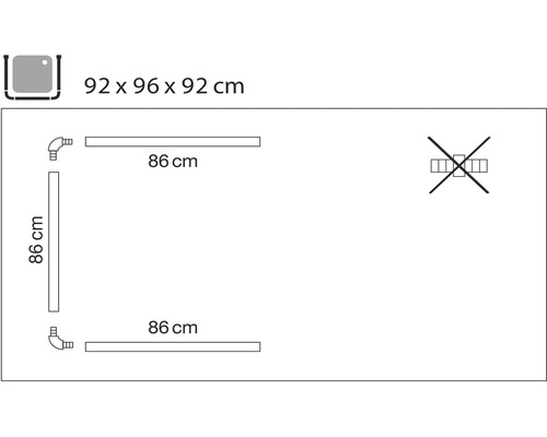 Instalační schéma pro sprchovou vaničku o rozměrech 92 x 96 x 92 centimetrů