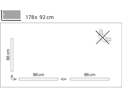 Instalační schéma sprchové vaničky o rozměrech 178 x 92 centimetrů