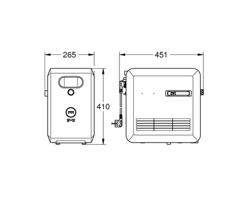 Technický výkres průtokového ohřívače plynu s rozměry