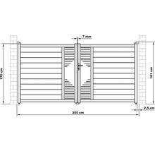 Technický nákres zahradní brány s údaji o šířce, výšce a detailech