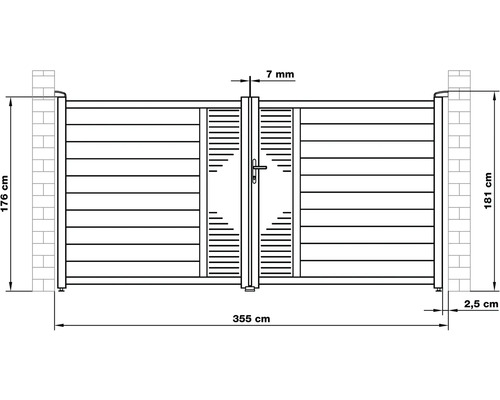Technický nákres zahradní brány s údaji o šířce, výšce a detailech