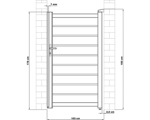 Technický výkres zahradní branky s údaji o šířce a výšce