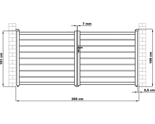 Technický výkres zahradní brány s údaji o šířce a výšce