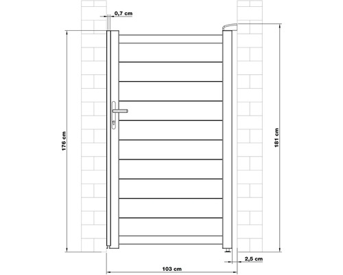 Technický výkres zahradní branky s údaji o šířce a výšce