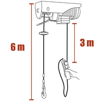 Technický výkres elektrického lanového kladkostroje se zdvihem šest metrů a délkou lana tři metry.
