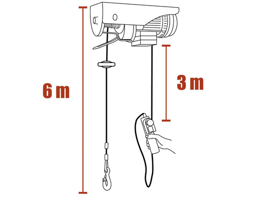 Technický výkres elektrického lanového kladkostroje se zdvihem šest metrů a délkou lana tři metry.