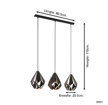 Závěsné svítidlo se třemi geometrickými stínidly a rozměry