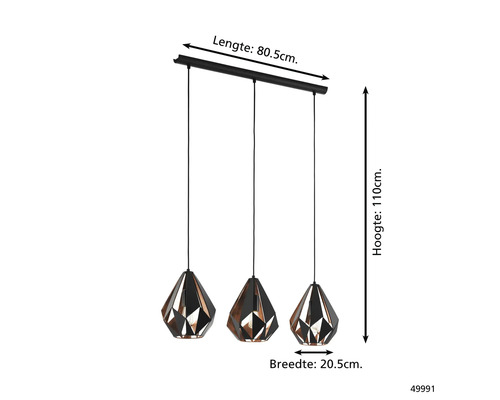 Závěsné svítidlo se třemi geometrickými stínidly a rozměry