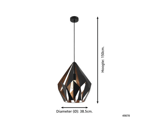 Geometrické závěsné svítidlo s výškou 150 cm a průměrem 38,5 cm.
