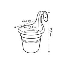 Obrázek závěsného květináče s rozměry: šířka 26,2 cm, výška 25,7 cm, vnitřní průměr 18,2 cm
