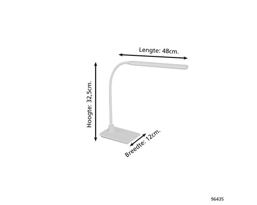 Obrázek stolní lampy o rozměrech 48 cm délka, 32,5 cm výška a 12 cm šířka.